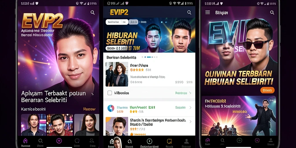 Tampilan antarmuka aplikasi EVIP2 dengan berita hiburan selebriti.